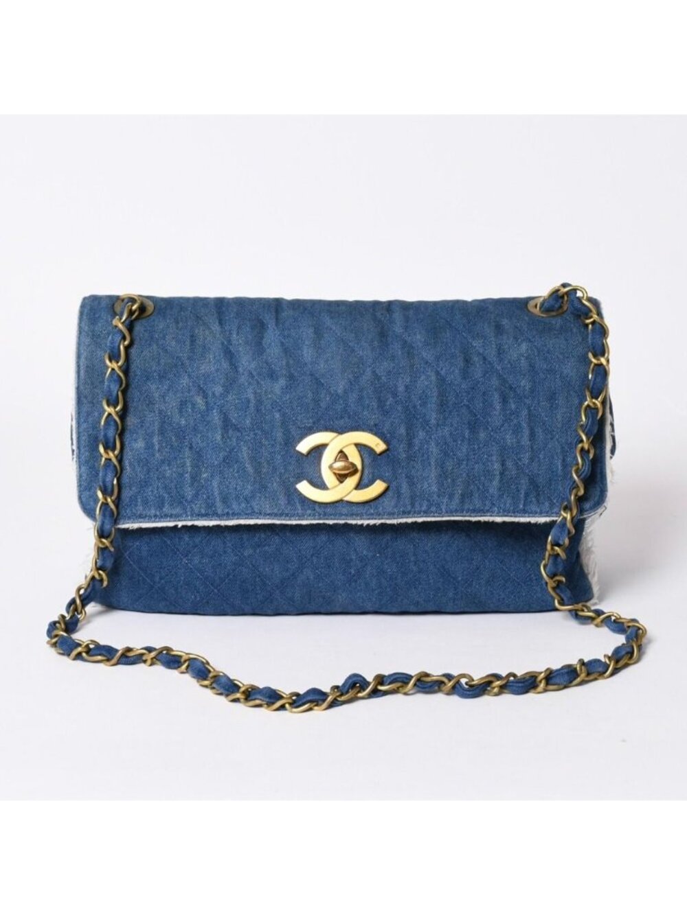Chanel Chenel Maxi Quilted Single Flap Chain Shoulder Bag Denim Blue Gold